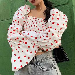 Summer tunic women tops and blouse vintage puff sleeve crop slim elastic retro shirts 210427