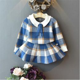 2022 Spring Autumn New Childen's Sets Girls Plaid Knitted Sweater + Mini Skirt 2pcs Suit Fashion Korean Women Kids Casual Sets