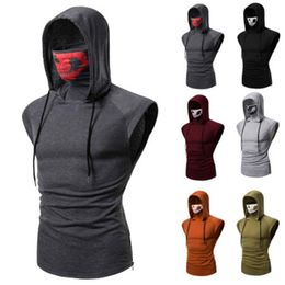 Mens Fitness Hooded Tees T-shirt Fashion Occident Trend Style Solid Colours Sleeveless Tops Polos Spring Summer Male Loose Casual Tshirt