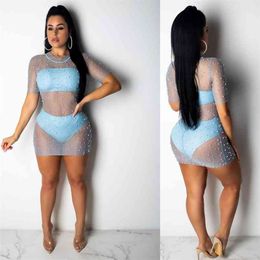 OMSJ Women Summer Beach Swimwear See-through Mesh Pearl Beading Sexy Club Dress Fashion Short Sleeve Bodycon Mini Dresses 210517