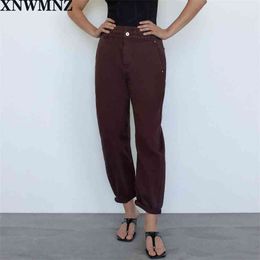 women Baggy paperbag High-waist jeans featuring an elastic waist patch pockets front zip metal top button 210520