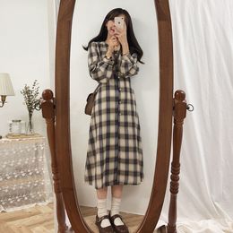 Plaid Dress Autumn Linen Dress Square Neck Mori Girl Dresses Vintage Korean Kawaii Short Sleeve Clothes Mini Elegant Retro 210319