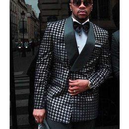 Houndstooth Plaid African Suits for Mens Fashion Clothes 2 Piece Male Wedding Tuxedo Jacket with Black Pants 2020 Costumes X0909