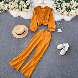 Women's V-neck Long Sleeve Short Tops + High Waist Wide Leg Pants Fashion Solid Color Work OL Two Piece Sets Q282 210527