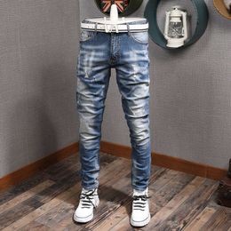 Italian Fashion Men Jeans Retro Light Blue Slim Fit Vintage Designer Ripped Denim Pants High Quality Streetwear Hip Hop Trousers