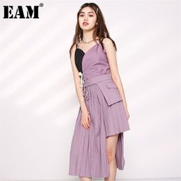 [EAM] High Waist Purple Pleated Bandage Temperament Asymmetrical Half-body Skirt Women Fashion Spring Autumn JH35114 210708