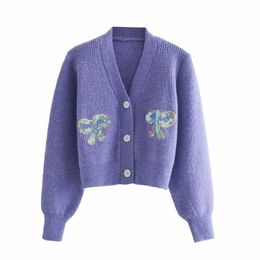 sexy v neck women short cardigan summer bow sequins ladies sweaters purple casual female knitwears girls shirts 210521