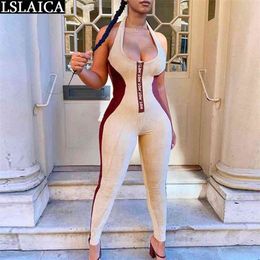 Bodysuits For Women Sleeveless Colorblock Front Zipper Design Letter Print Bodycon Romper Halter Sexy Elegant Jumpsuit 210515