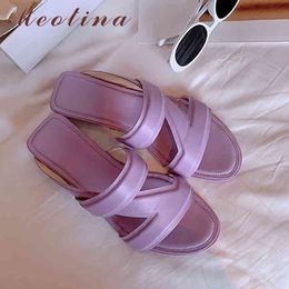 Meotina Genuine Leather Sandals Design Slides Shoes Flat Slippers Summer Narrow Band Beach Shoes Ladies Purple Yellow 210520
