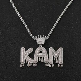 Hip Hop Diamond Crown Custom Name Pendent Water Drops Alphabet Name Necklace Ice Out Name Chains