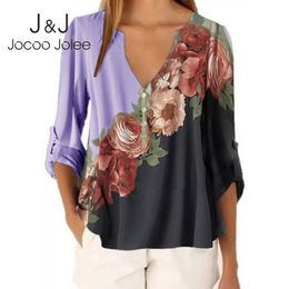 Jocoo Jolee Vintage Floral Print Loose Blouse Casual Half Sleeve V Neck Patchwork Shirt Office Lady Chiffon Blouse Tops Blusas 210518