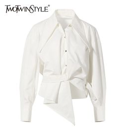 Casual Irregular Hem Shirt For Women Lapel Long Sleeve White Short Blouse Female Fashion Clothing Style 210524