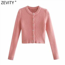 Zevity Women Fashion O Neck Solid Soft Knitting Cardigans Sweater Female Chic Long Sleeve Diamond Buttons Casual Short Tops S666 210603