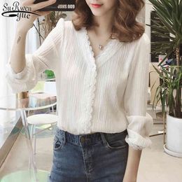 Plus Size 3XL Autumn V-Neck Puff Sleeve Solid Women's Blouse Striped Lace Shirts Long Single Breasted 11087 210427