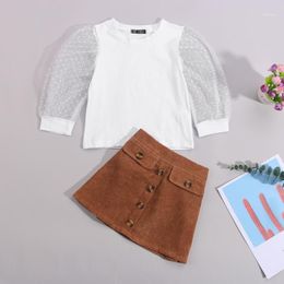 Clothing Sets CitgeeAutumn Kids Girls Clothes Dot Mesh Long Puff Sleeve T Shirts Solid Button A-Line Skirts Spring Suit