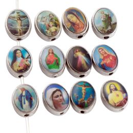 10x8mm Alloy Jesus Maria Oval Charm Beads Catholic Holy Divine Mercy Carabiner Christopher Anthony Spacers L1674 200pcs/lot