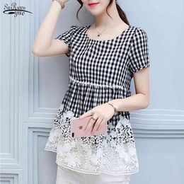 Fashion Short Sleeve Plaid Clothes Women Tops and Blouse Korean Summer Hollow Out Lace Vintage Clothing 8667 50 210521