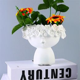 Resin Goddess Head Planter Beauty Face Figurine Ornament Container-Decorative Plants Artificial Flower Vase-Home Garden Deco 210922