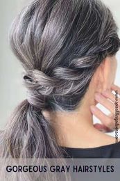 Gorgeous gray hairstyle Salt n pepper grey wavy pony tail hair piece braided natural grays real hairs extension clip in ponytails hairpiece120g 140g 1pcs