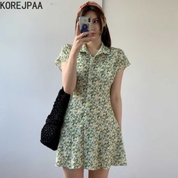 Korejpaa Women Dress Korean Chic Temperament Elegant Lapel Shredded Flower Single-breasted Slim Short-sleeved Vestido 210526