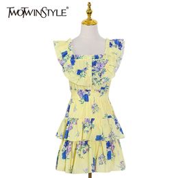 Print Patchwork Vintage Dress For Women Square Collar Sleeveless High Waist Hit Color Mini Dresses Females Clothing 210520