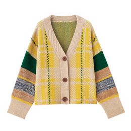 PERHAPS U Women Sweater Knitted Long Sleeve Yellow Green Cardigans V-neck Loose Autumn Plaid Button M0424 210529