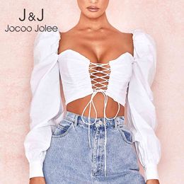 Jocoo Jolee Women Sexy Puff Sleeve Backless Cropped Tops Cross Criss Lace Up Blouse Elegant White Streetwear Shirt Casual Tops 210518
