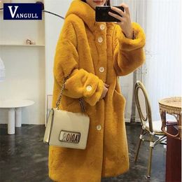 Vangull Women Winter Faux Fur Long Coat Casual Sweet Solid Warm Soft Fur Hooded Jacket Fashion Loose Thicken Plus size Coat 211206
