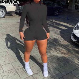 Sexy Bodysuit Long Sleeve Zipper Solid Skinny Women Clothes Shorts Jumpsuit Overalls Club Drop Playsuits Plus Size 210520