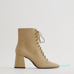 Boots 2021 Women's Shoes Autumn Camel Brown Lace Up With Side Zippers Leather High Heel Chunky Short Boot For Female