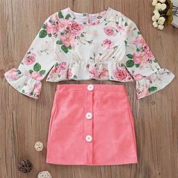 Summer Children Sets Casual Long Flare Sleeve Print Floral T-shirt Pink Solid Skirt Cute 2Pcs Girls Clothes 1-5T 210629