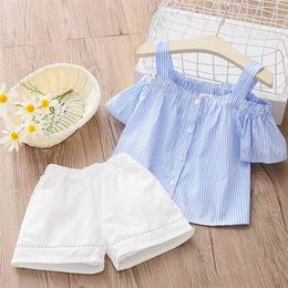 Fashion 2 3 4-11 12Years Simple Cotton Striped Off Shoulder Strap T-shirt + Shorts 2 Pieces Baby Kids Girls Summer Sets 210701
