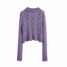 Women Fashion Purple Textured Hollow Out Short Cardigans Vintage Long Sleeve Lapel Collar Sweater Girls Chic Jumpers 210520