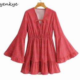 Vintage Polka Dot Red Women Dress V Neck Flare Sleeve A-line Mini Vestido Mujer Holiday Summer Plus Size 210514