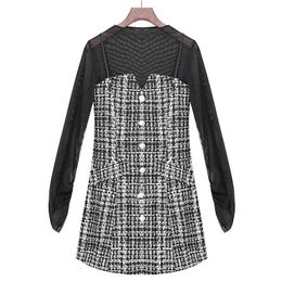 Women Black Two-piece Set Mesh O Neck Long Sleeve Top Plaid Tweed Button Strap Velvet Mini Dress Spring T0319 210514