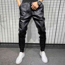 Gelenler Kış Kalın Sıcak PU Deri Pantolon Erkekler Giysileri Basit Büyük Cep Rüzgar Geçirmez Rahat Pantolon Siyah Artı Boyutu 40 210715