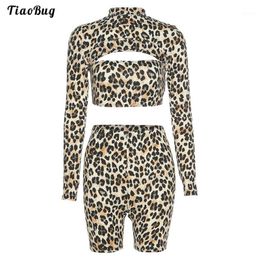 Yoga Outfit Spring Summer Women Leopard Print 2Pcs Sportswear Stand Collar Long Sleeve Hollow Out Keyhole Cropped Top Shorts Set