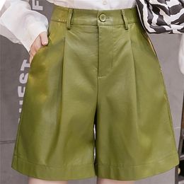 England Style Pu Leather Shorts Female High Quality Wide Leg Faux Waist Plus Size Loose Short Pants Women 210722