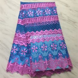 5Yards/Lot High Quality Blue African Water Soluble Fabric And Pink Flower Embroidery French Guipure Lace Material PL52244