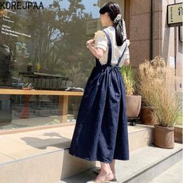 Korejpaa Women Sets Summer Korean Chic All-Match Round Neck Wooden Ear Shirt Pocket High Waist Top Stitch Denim Strap Dress 210526