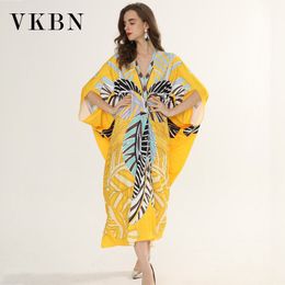 VKBN Spring Summer Dress Women High Quality Industrial for Women Dresses Printing Batwing Sleeve V-Neck Large Sizes 210507