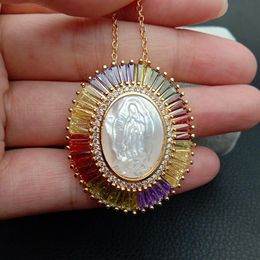 YYGEM Religious style White Shell Virgin Mary Rainbow CZ Micro Pave Oval Pendant necklace