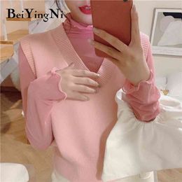 Women Sweater Vest Korean Loose Outwear Sleeveless Tops Female V-neck All-match Cute Sweet Knitwear Sweaters Pull 210506