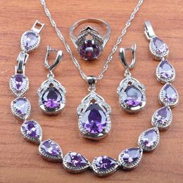 Wedding Jewellry Natural Purple CrystalSilver Colour Jewellery Set Women Earrings Necklace Pendant Rings Bracelet JS0306 H1022