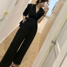 Summer Elegant Short Sleeve Wide Leg Rompers Overalls Casual Fashion Notched Long Jumpsuits Female Office Work Solid Playsuits 210518