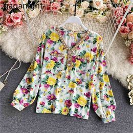 Fashion Women Flower Chiffon Blouse Casual Loose Girls Spring Shirt V Neck Puff Sleeve Blouses Tops Chic Blusas 210601