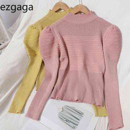 Ezgaga Sweet Knit Tops Fashion Turtleneck Solid Thin Long Sleeve Sweater Pullover Korean Lovely Girl Autumn Casual 210430