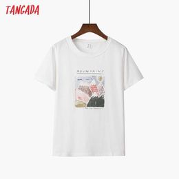 Tangada Women Vintage Print Cotton T Shirt Short Sleeve O Neck Tees Ladies Casual Tee Shirt Street Wear Top 2Y01 210609