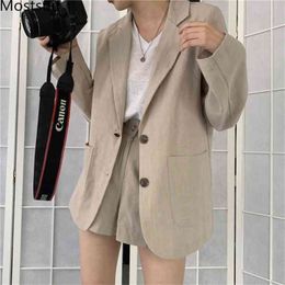 Casual Korean Two Piece Blazer Suits Sets Women Long Sleeve + Elastic Waist Shorts Outfits Fashion Solid Loose 210513