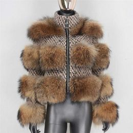BLUENESSFAIR Winter Jacket Women Real Silver Fur Coat Natural Raccoon Wool Weave Fabric Warm Outerwear Streetwear 211220